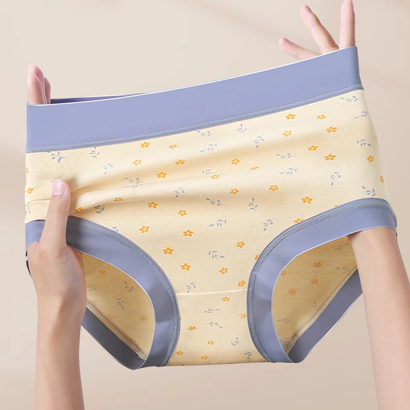 3 قطعة القطن الخالص عالية الخصر النساء زهرة طباعة سراويل سيدة سلس الملابس الداخلية تنفس Underpant حجم كبير اللباس الداخلي الإناث موجز #1