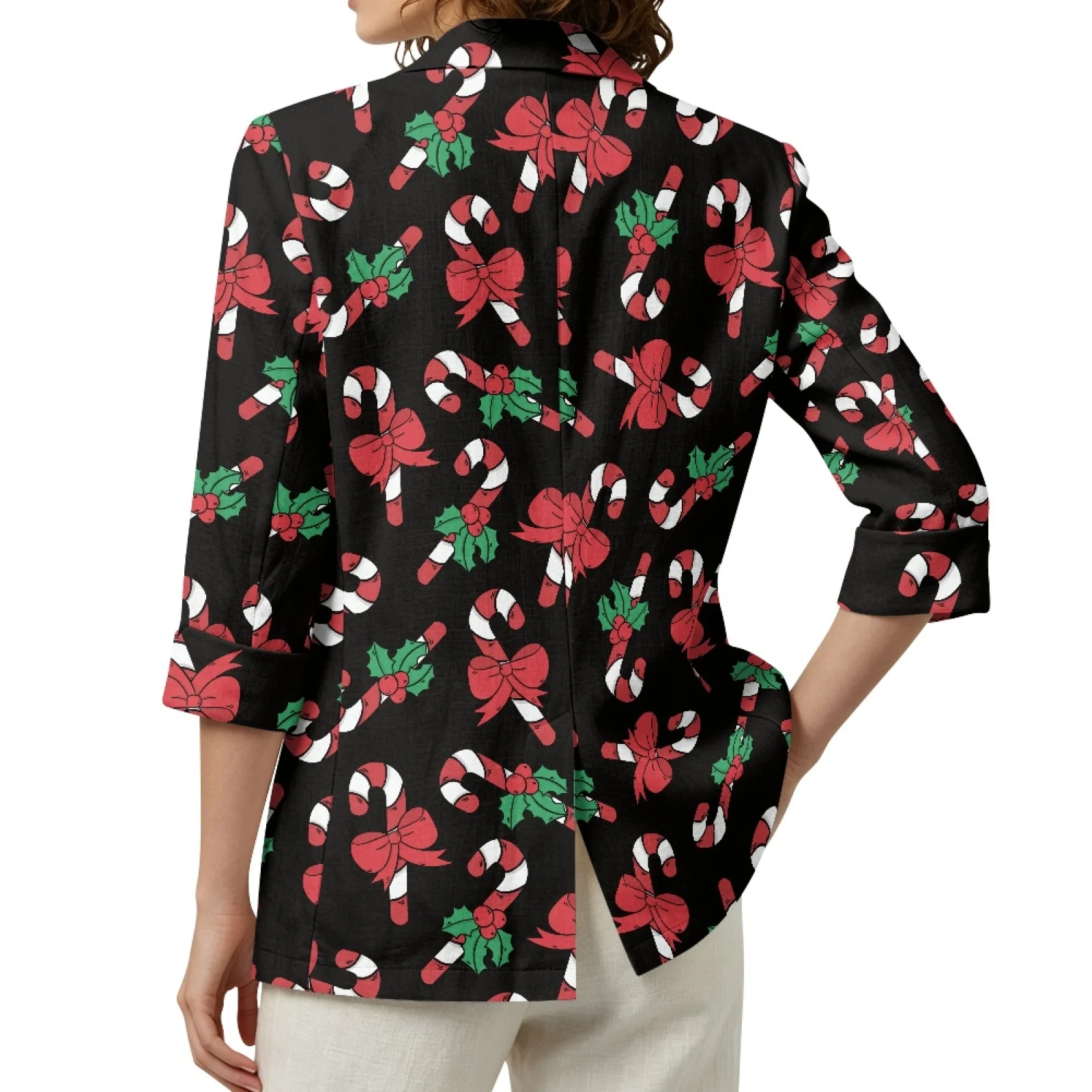 PENSTROLL Candy Cane Holiday Linen Style Open Cardigan for Lounge Open Front Daily Shrug Light Cardigans