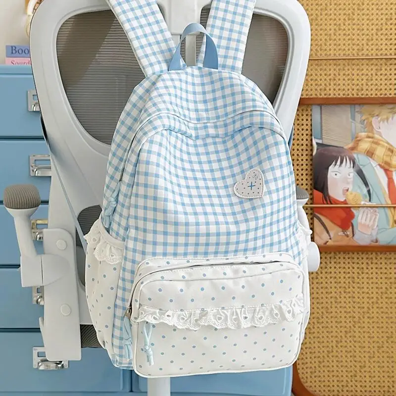 Ladies' Backpack, Korean Style Sweet Wind Blue White Checkered Backpack, Middle and High School Student Backpack, Girl's Heart L
