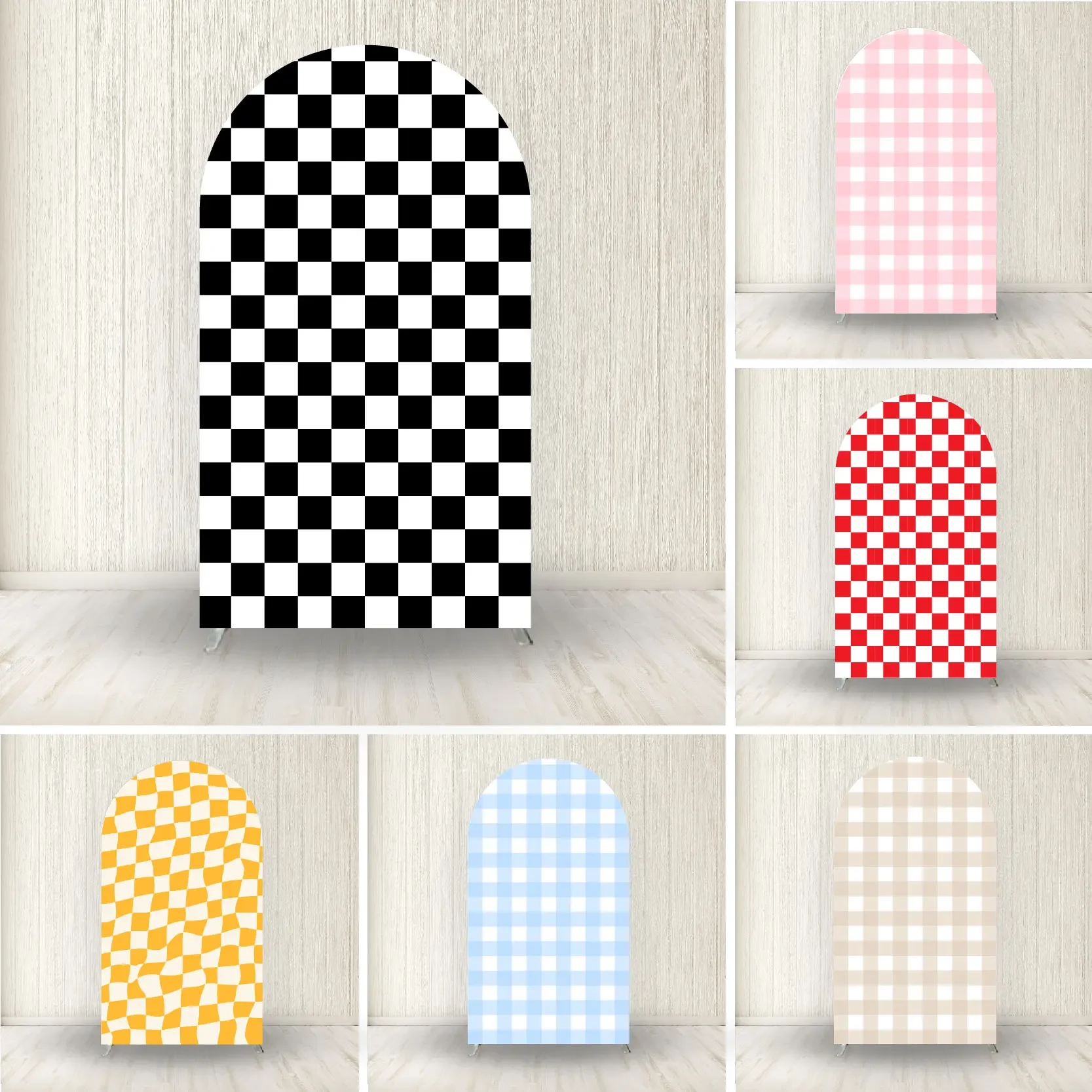 Checkerboard Pattern Arch Backdrop Cover Birthday Party Background Decor Black and White Check Design Baby Show Photo Props