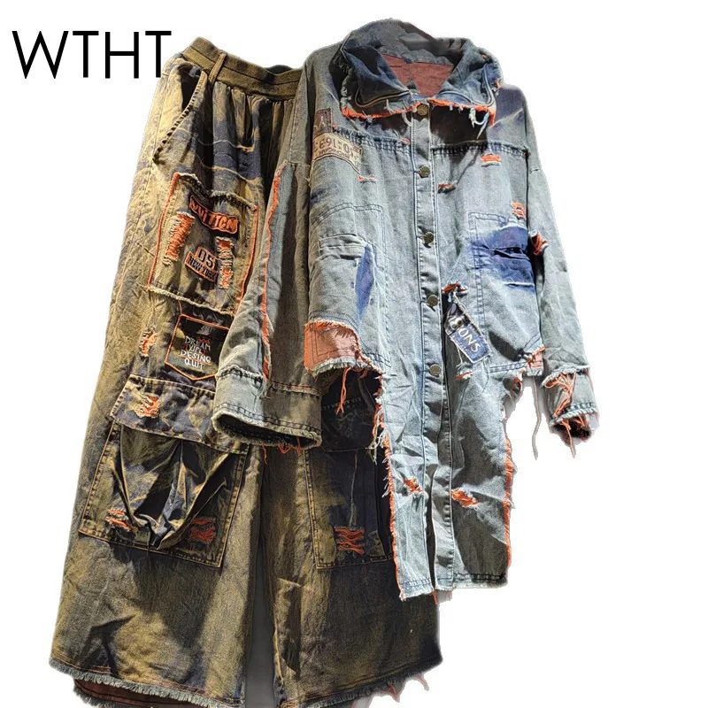 

WTHT винтажная модная джинсовая куртка нестандартной формы с длинными рукавами и эластичной резинкой на талии, прямые джинсы, женские, осень 2021, 1LS2282