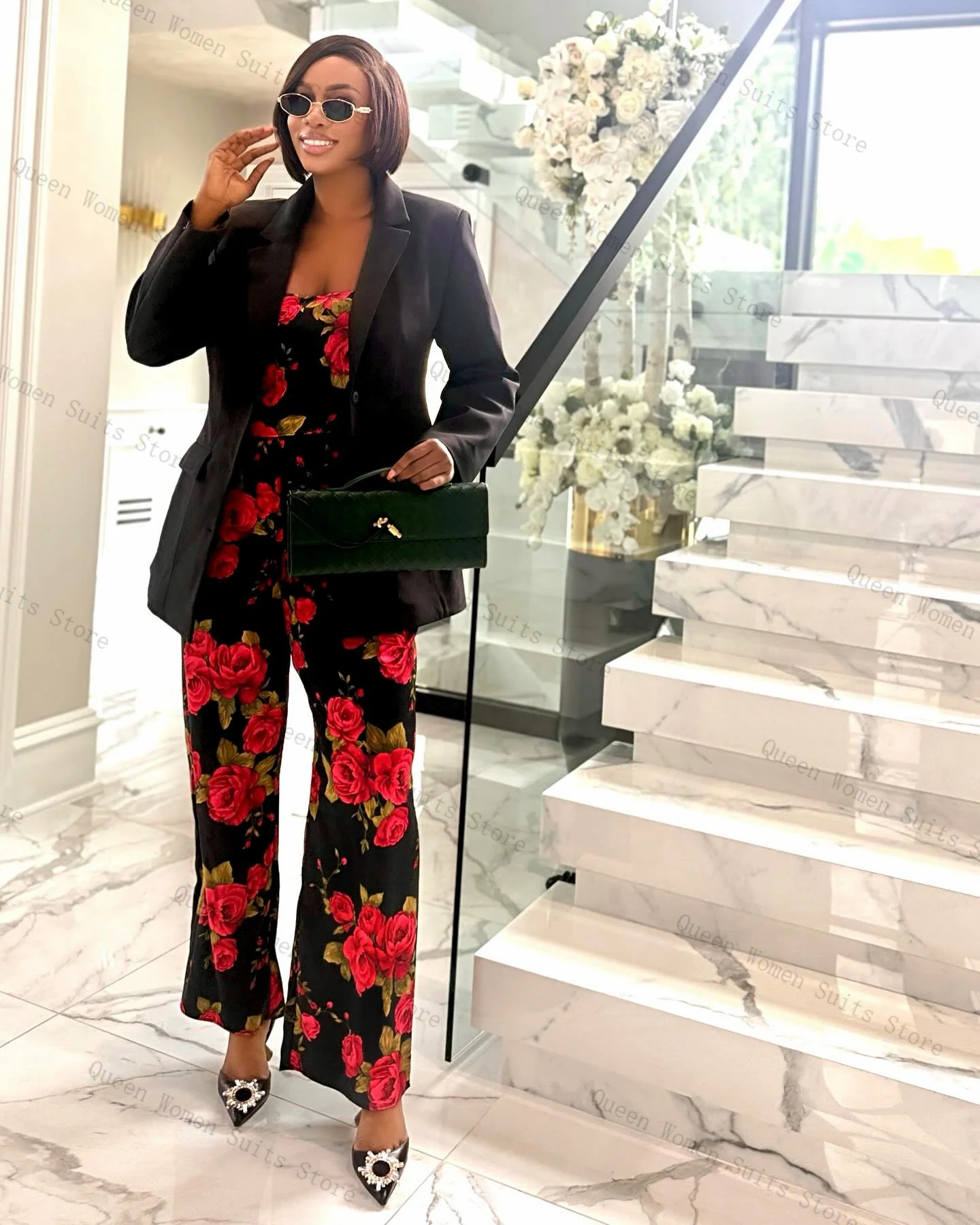 Ensemble de costume à fleurs pour femmes, 3 pièces, haut, soutien-gorge, Blazer, pantalon, formel, bureau, veste noire, manteau de mariage personnalisé