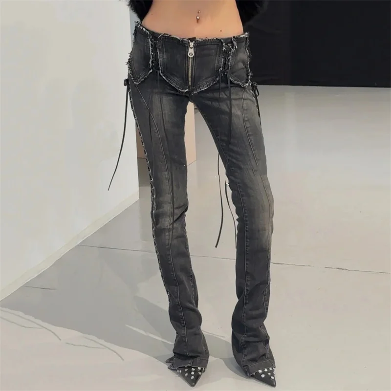 여성용 청바지 2025 겨울 신상 레이스업 슬림핏 플레어 팬츠 로우 웨이스트 여성 바지 순면 롱 팬츠 y2k 데님 팬츠