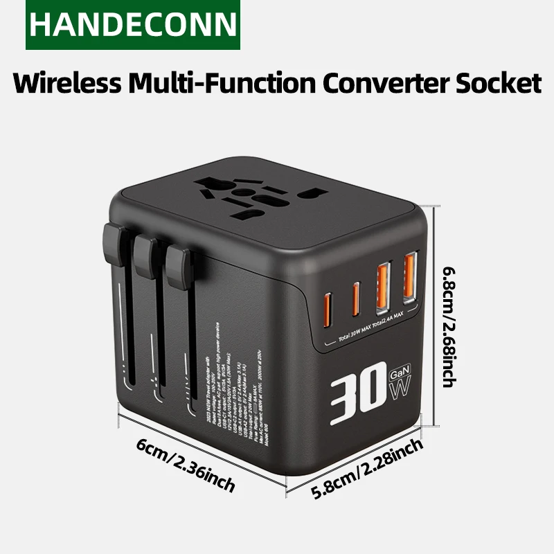 

Адаптер глобальной вилки, дорожный конвертер мощностью 30 Вт с 2 портами USB A и 2 портами USB C, подходит для ЕС, Великобритании, США и Австралии.