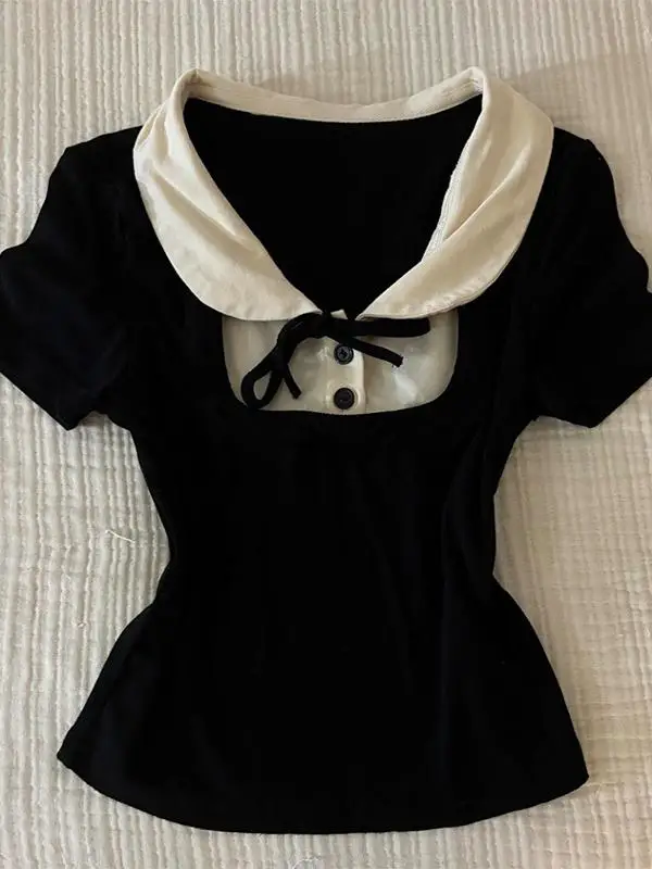 

Черная футболка с коротким рукавом, оригинальный модный универсальный летний топ нового дизайна, имитация двухслойности, хлопковый топ с ретро-принтом для женщин