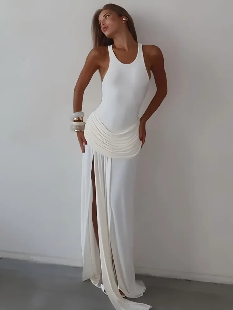 

Elegant Split Pleated O Neck Maxi Dress Women Sleeveless Irregular High Waist Fashion Sexy Floor-Length Long Dress