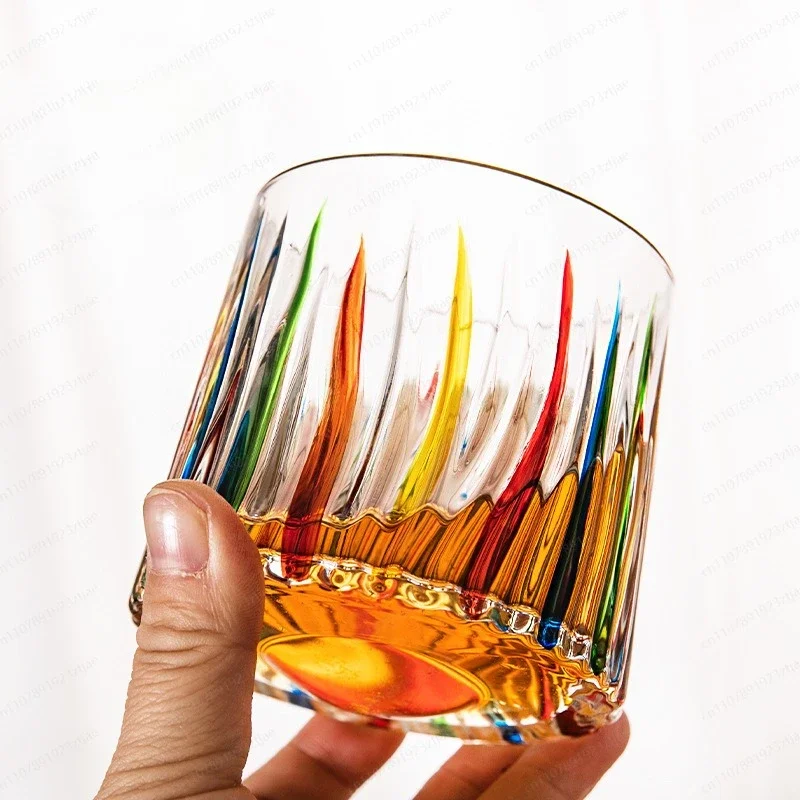 Thickened stained glass creative rotating whiskey wine glass hand-painted rotating cup with wooden holder decompression cup