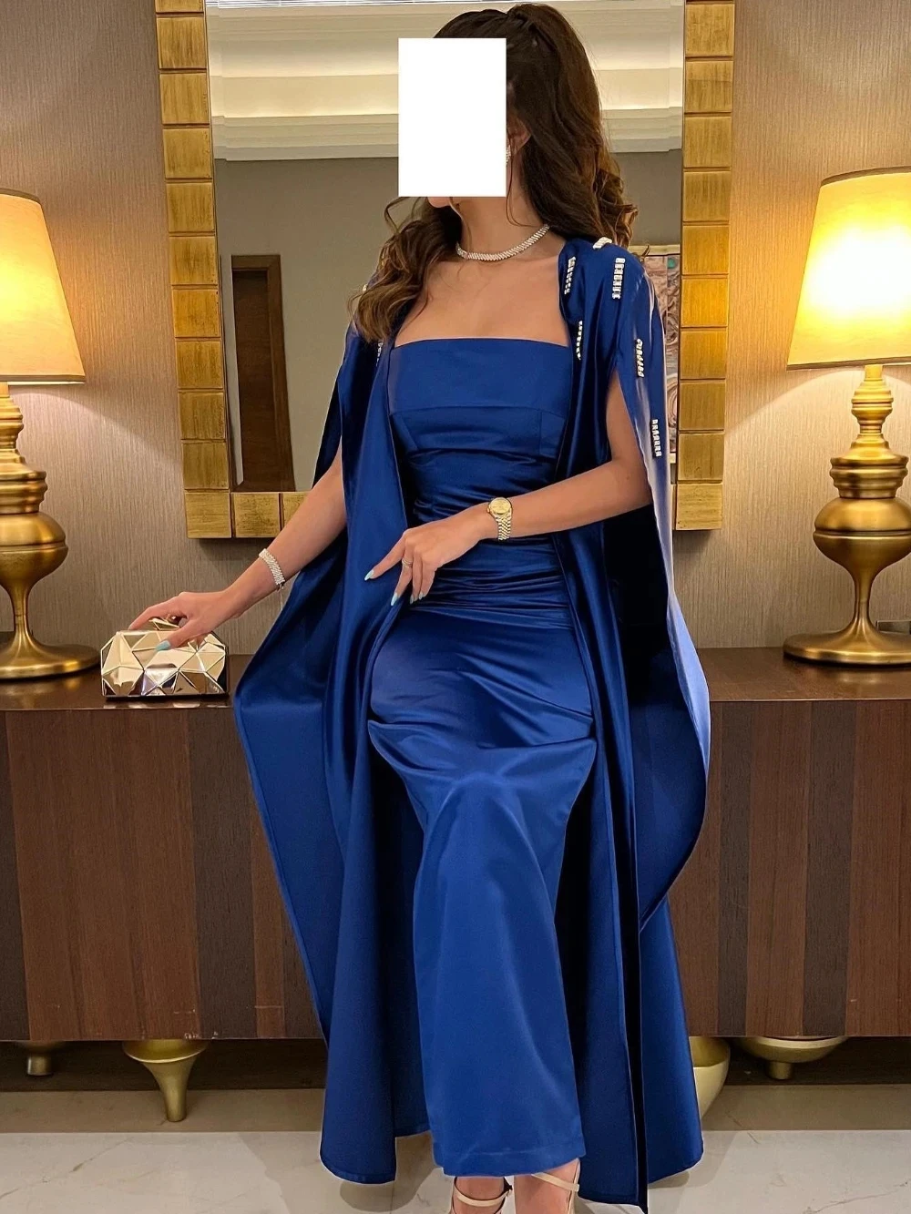 Elegant Party Dress Square Sheath Blue Prom Dresses Sequins Bolero Stole Anke length Evening Gowns Vestidos De Gala Custom Made