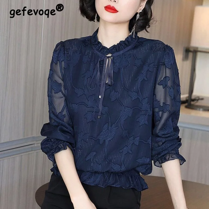 Spring Autumn Women Vintage Floral Printed Long Sleeve Chiffon Shirts Fashion Elegant Ruffle Lace Up Chic Blouse Tops Blusas 5XL