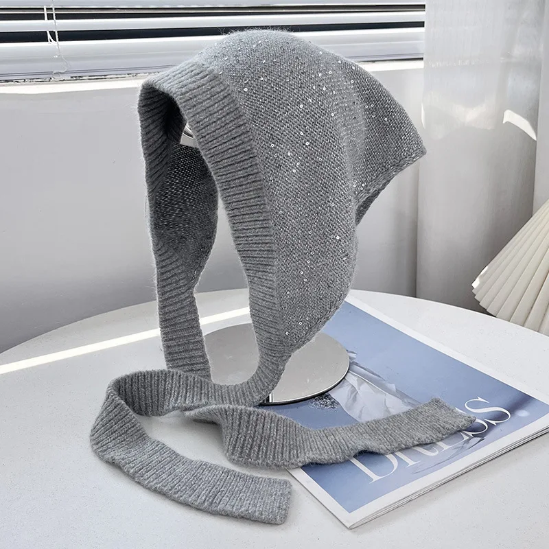 Koreanische Mode: Pailletten-Dreieckstuch aus Kaninchenhaar-Mischgewebe für Herbst und Winter, vielseitiges gestricktes Stirnband mit Schnürung für Damen – Detail 6