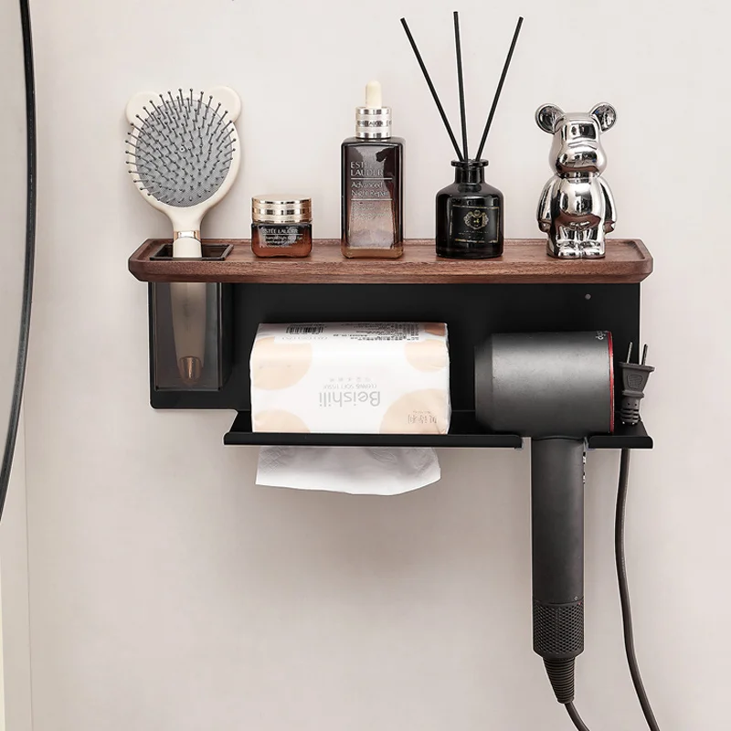 Toilet Paper Holder with Black Walnut Shelf for Bathroom,Wall Mounted Toilet Paper Tissue Holder,Phone Rack, Hair dryer rack  St