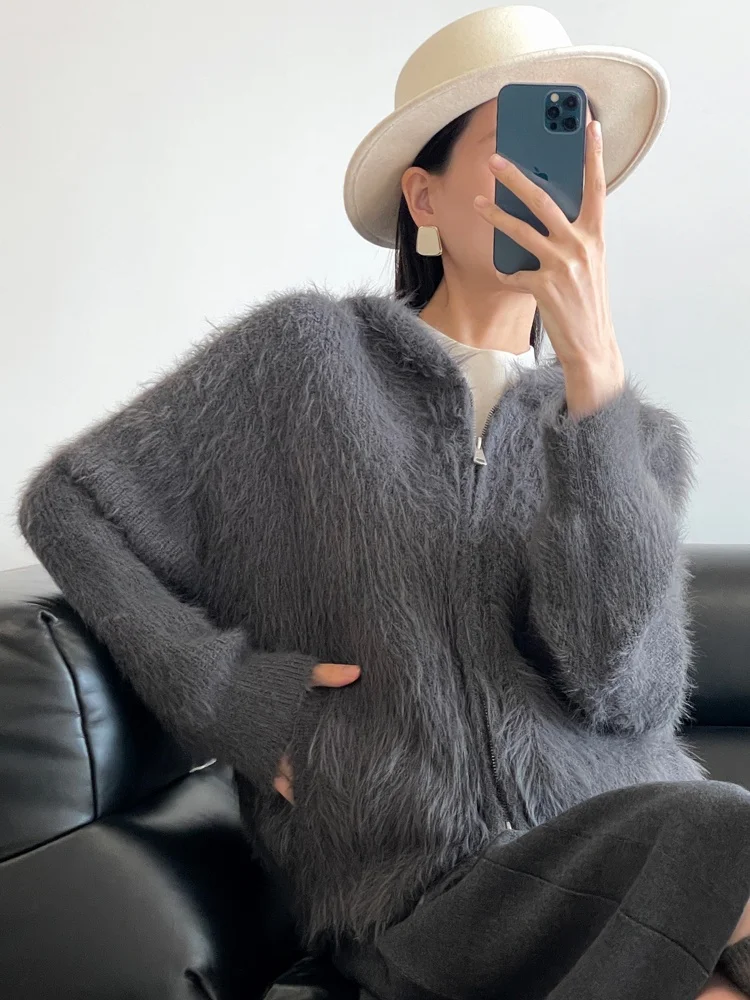 

Женский вязаный свитер на флисовой подкладке с двойной молнией и капюшоном, свободного кроя, для осени и зимы, мягкий, теплый, повседневный трикотаж