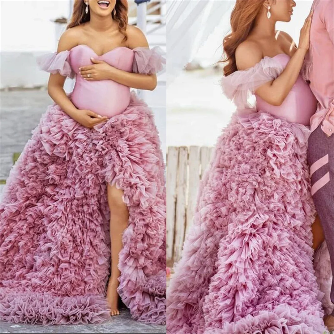 Maternity Off ไหล่ชุดราตรี Multilayered Ruffles Sweetheart ชุดราตรี Custom Made ด้านข้างแยก Plus ขนาดชุดพรรค