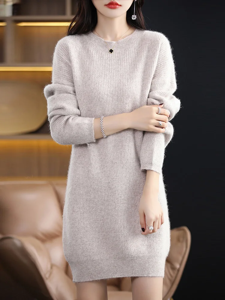 Women\'s Cashmere Dress O-neck Sweater Pullovers Autumn Winter 100% Mink Cashmere Knitwear Thick Skirts Basic Casual Long Sleeve