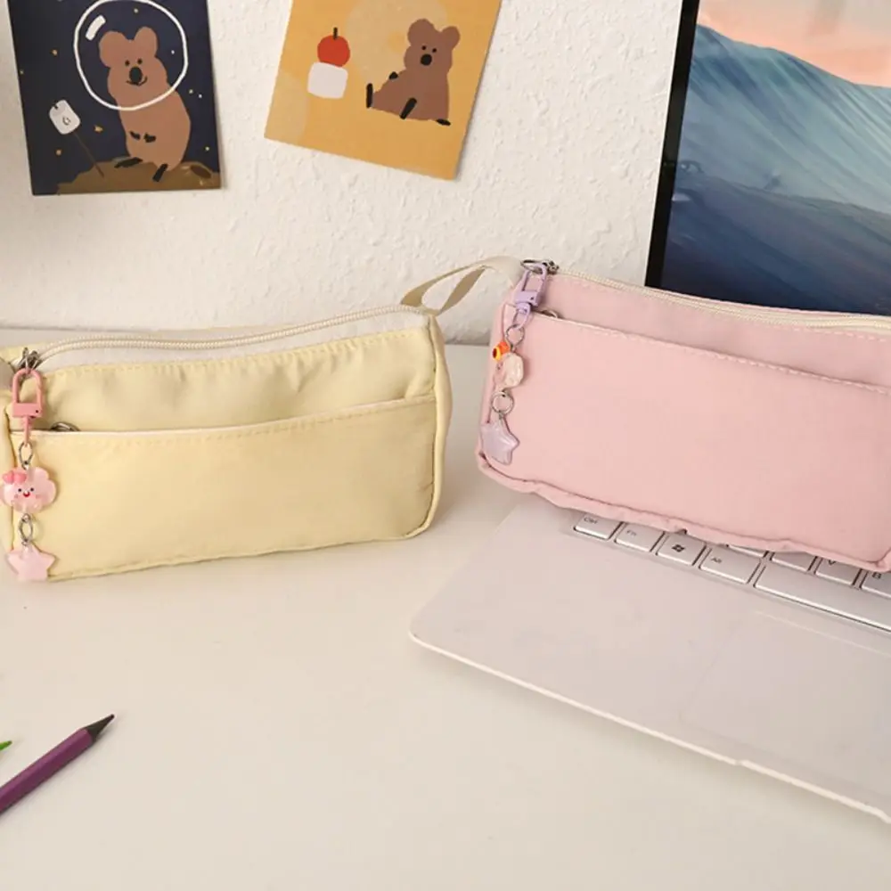 Simple Solid Color Pen Bag Double Layers Large Capacity Stationery Bag Handheld Design Pen Pouch School Office