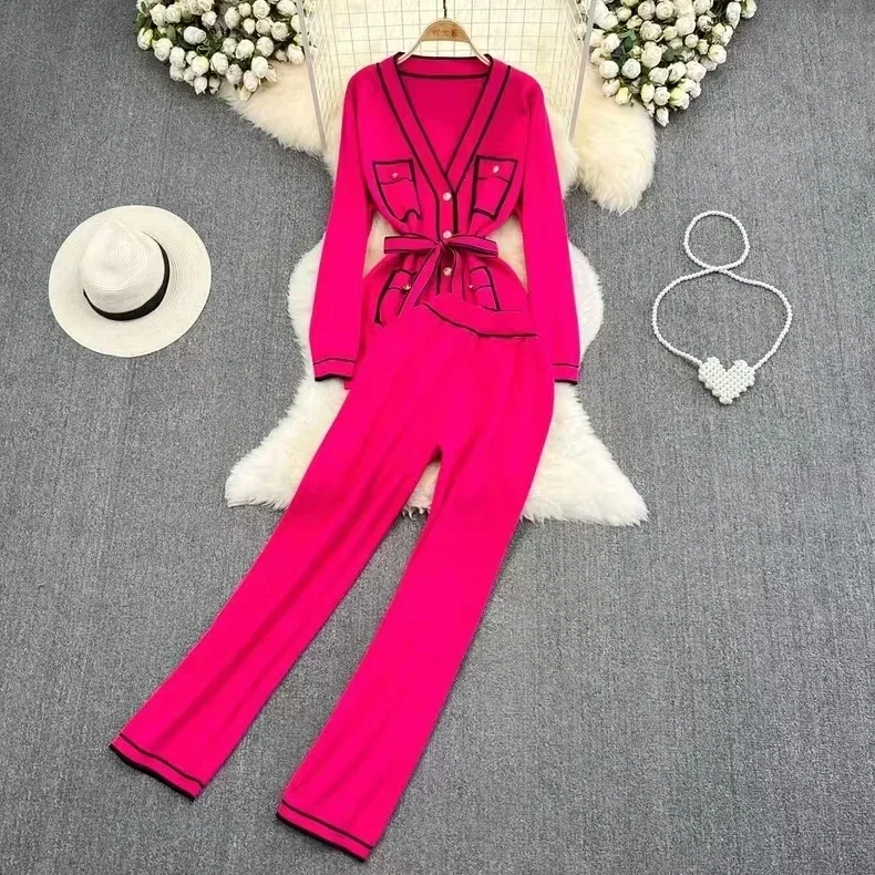 Women Chic Retro Two Sets PATCHWORK Single Breasted v neck basics knit sweet High Waitst Wide leg pants Fashion Summer Sets