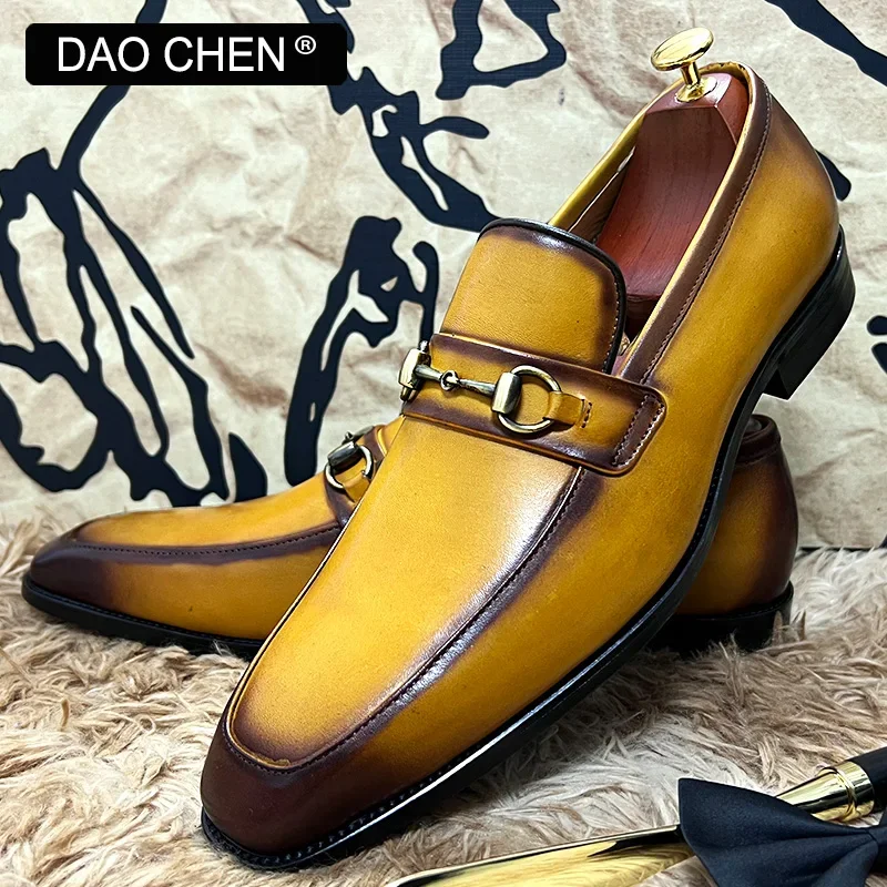 ITALIAN REAL LEATHER SHOES MEN BLACK YELLOW LUXURY HORSEBIT SHOE CASUAL DRESS MAN SHOES WEDDING OFFICE BANQUET LOAFERS FOR MEN