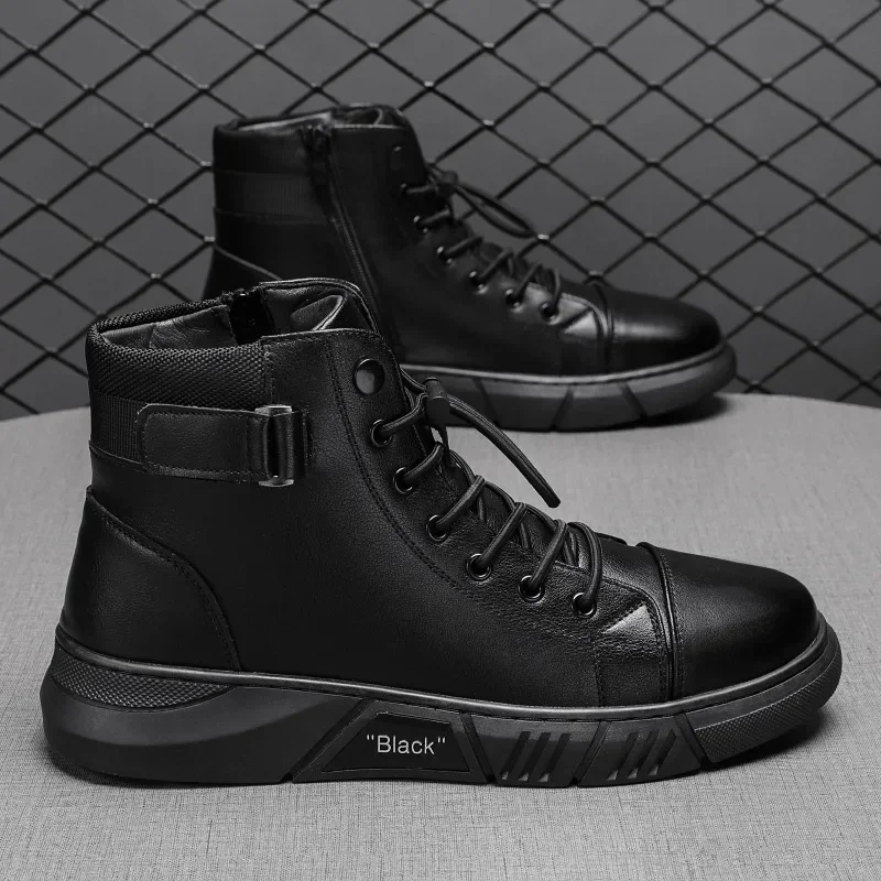 2024 Men\'s High Top Motorcycle Boots Fashion Black Leather Boots New Outdoor Waterproof Platform Boot Men Boots Luxury Designer