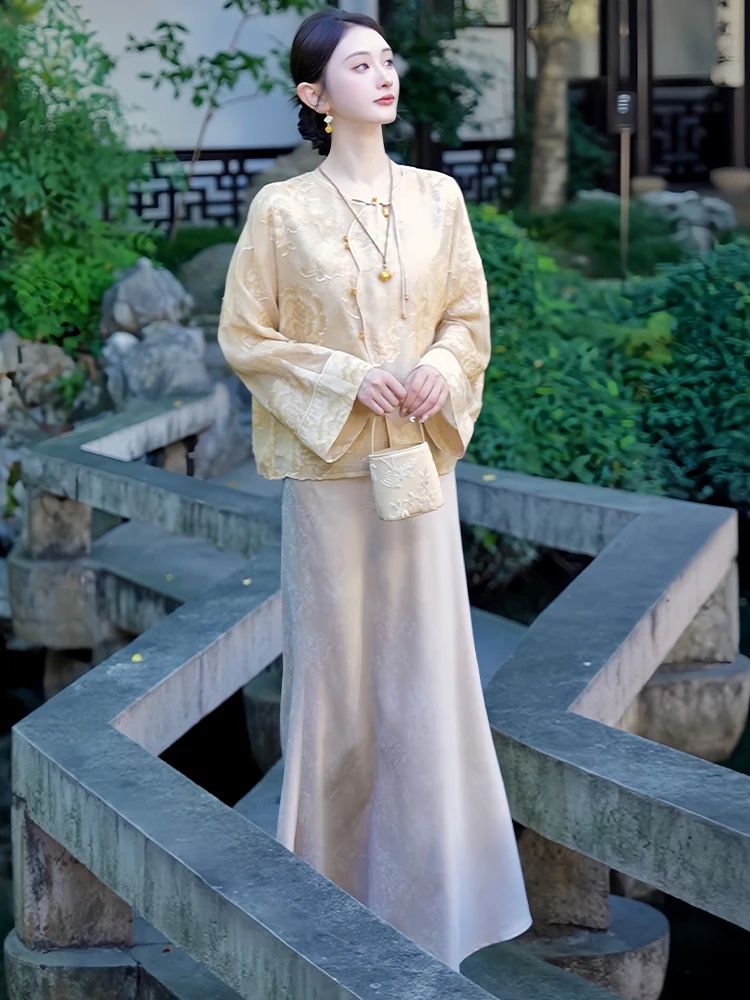 Damski dwuczęściowy zestaw w stylu retro: okrągły dekolt, wysoki stan spódnicy, jesienna moda koreańska, wygodny, oddychający, casual...