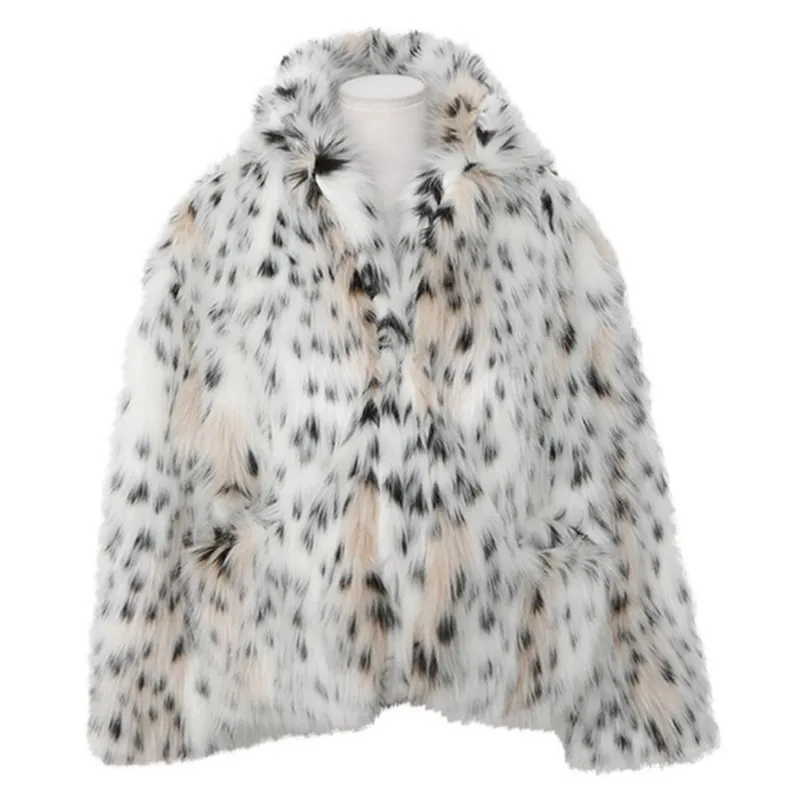 Chaqueta de piel peluda con cuello con muescas para mujer, ropa de abrigo corta de piel sintética, peluda, Tuscan, gato, leopardo, manga larga, Invierno