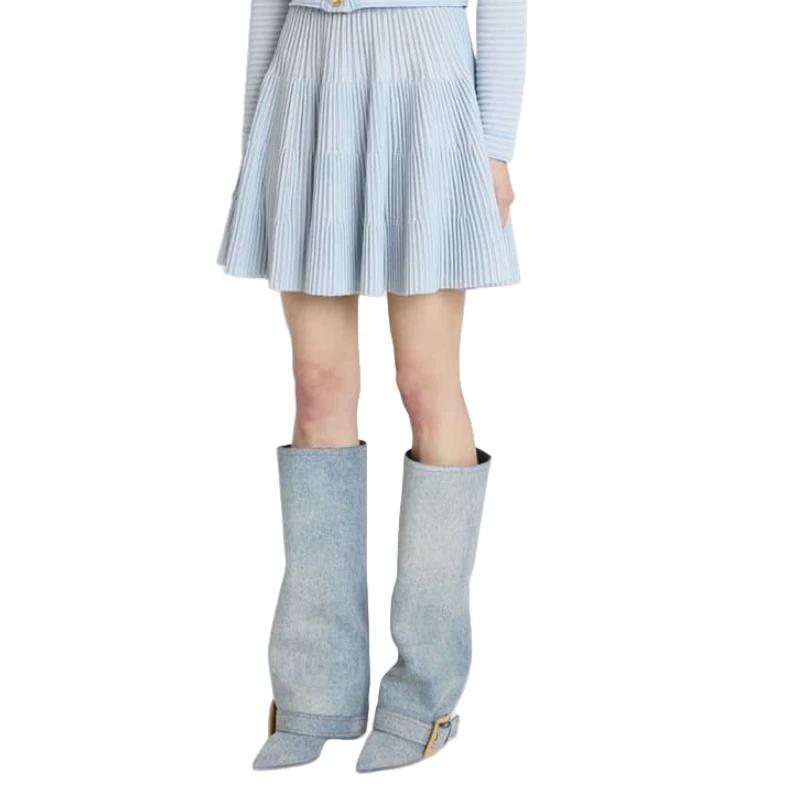 

European and American Sexy Leopard Print High-heeled Belt Buckle Decorative Sleeve Skirt Boots Women's Fashion Pants Boots