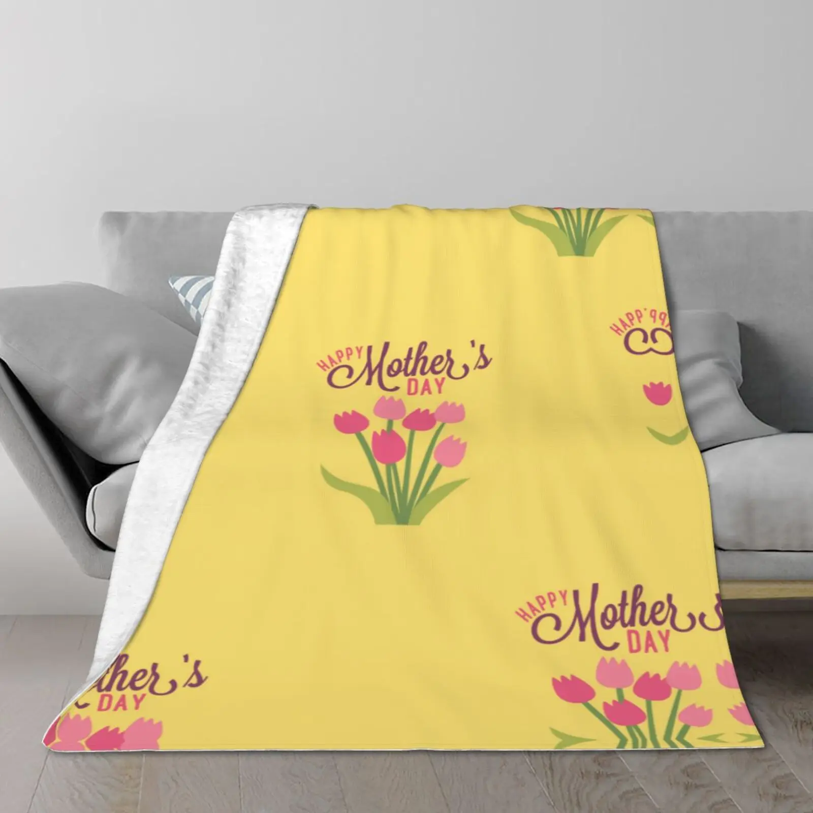 Tulips Mothers Day Flannel Throw Blanket Home Holiday Couch Bed Single Side Printed 80x60 Inch Portable Travel Light Yellow