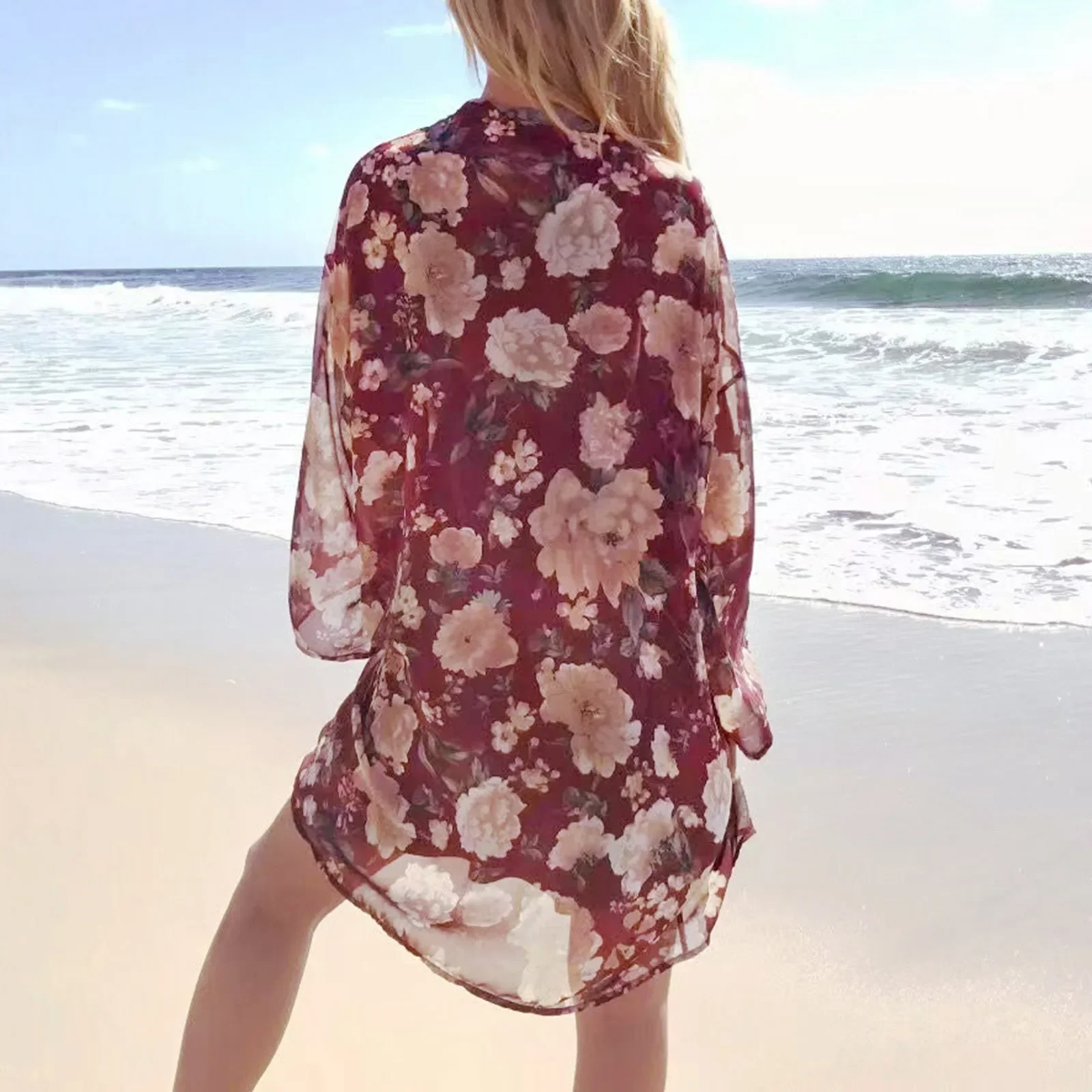 Traje de baño transparente sexy para playa, traje de baño de gasa de manga larga, nuevo estampado con dobladillo dividido, cárdigan de una pieza, vestido de playa