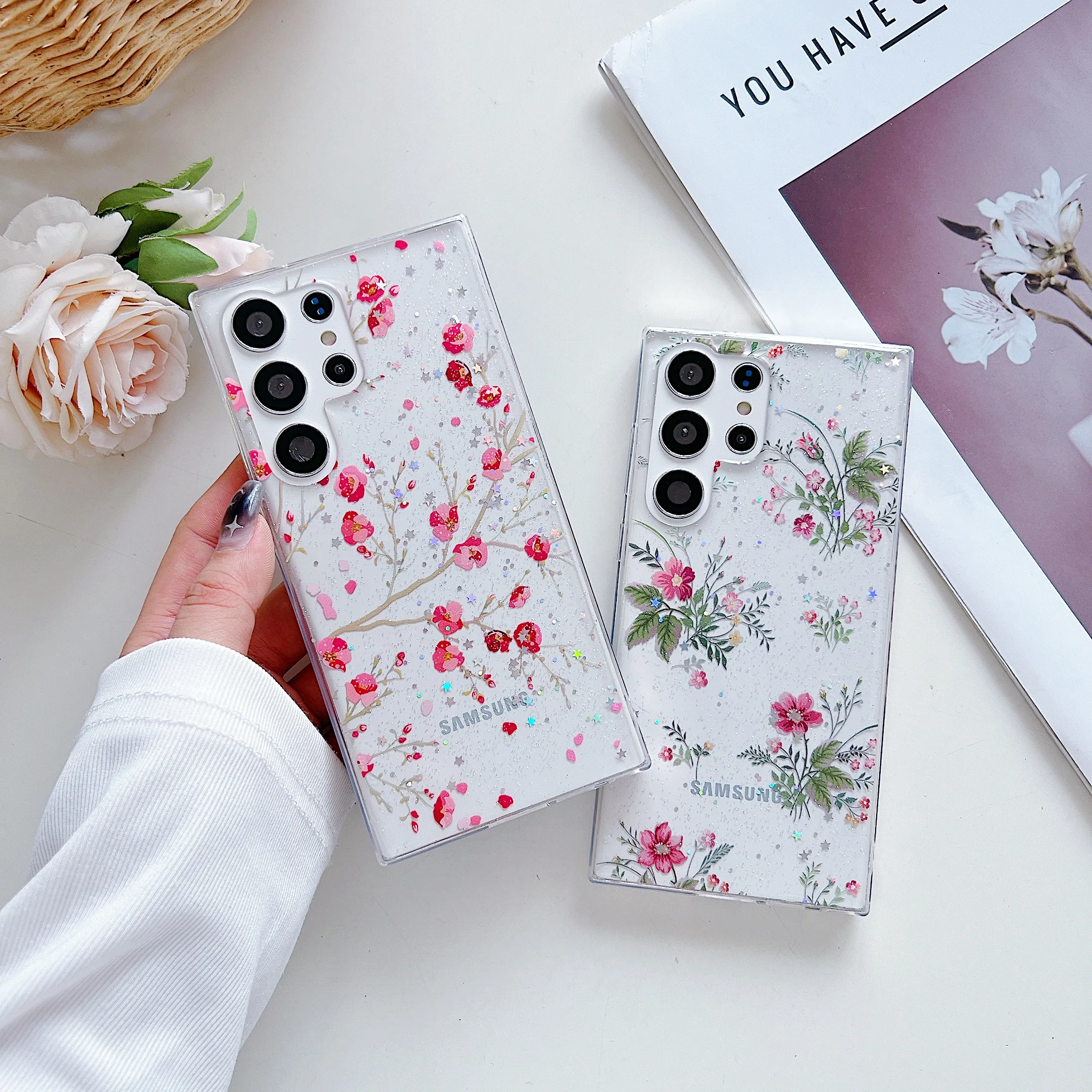 Beautiful Flowers Case for Samsung Galaxy S24 S23 S22 Ultra Plus Transparent Cover S20 S21 S23 FE A13 A14 S24 S23 S22 Ultra Case