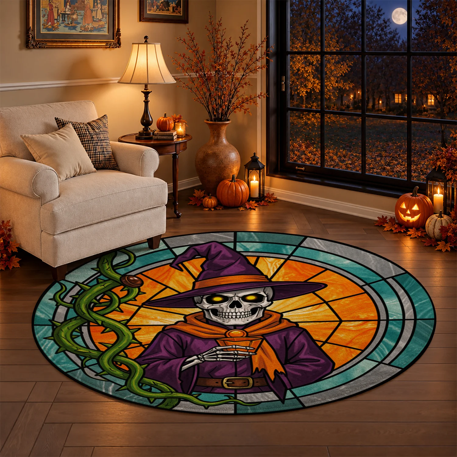 Circular Stained Glass Style Skeleton Witch with Thorn Vines Wall Decor, Velvet Fabric, Machine Washable, Soft and Durable, Ideal for Living Room, Bedroom, Party Space, Halloween, Thanksgiving, Christmas, New Year, Black Friday, Cyber Monday