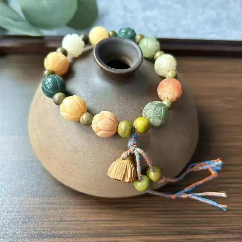 New Duobao Bracelet Bodhi Root Carving Colorful Lotus Rich Flower Buddha Bead HandString Solicit wealth Money drawing Fortune