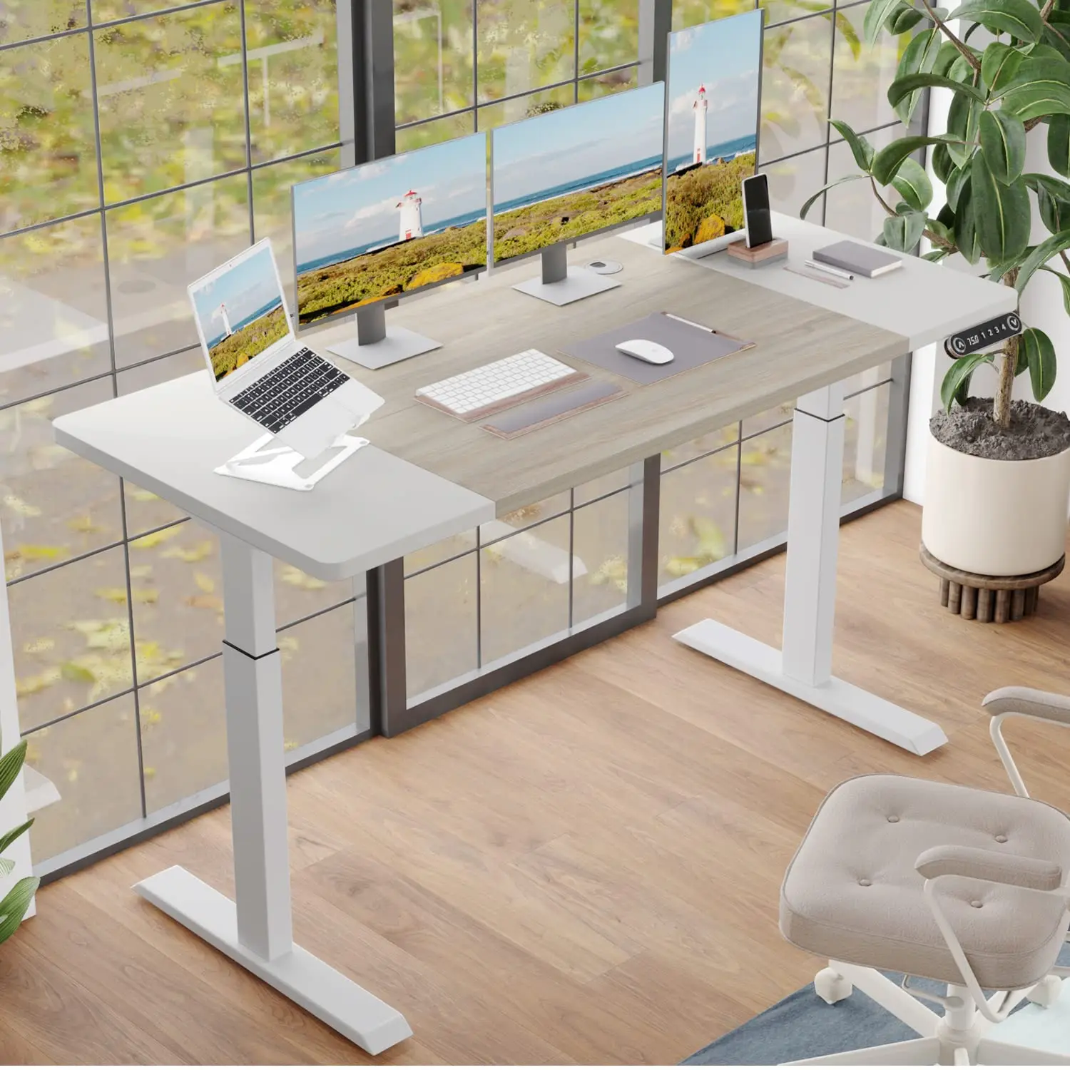 Electric Height Adjustable Standing Desk 63x30 Sit Stand Home Office Workstation Splice Board White Oak White Frame, Customized