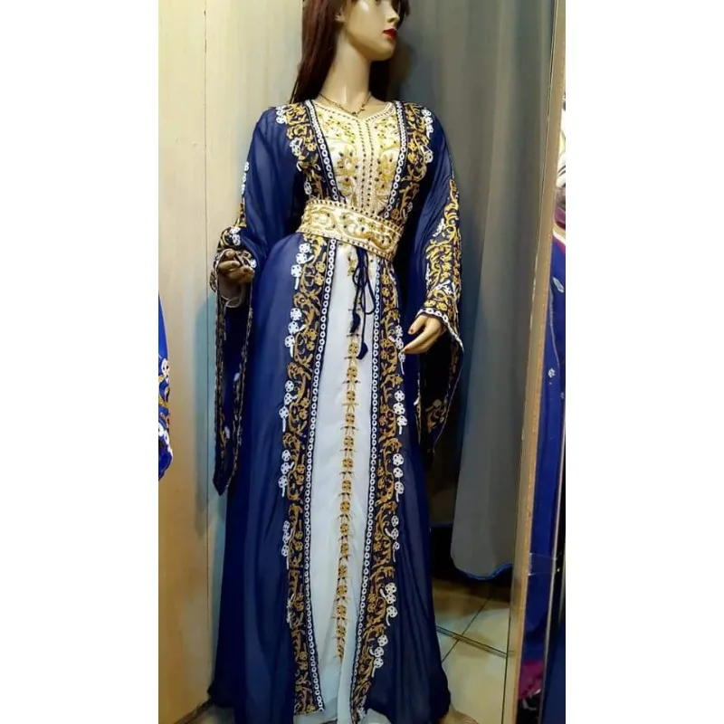 Navy Blue Dubai Moroccan Kaftan Georgette Dress Jilbab Arabian Clothing Fashion Trends