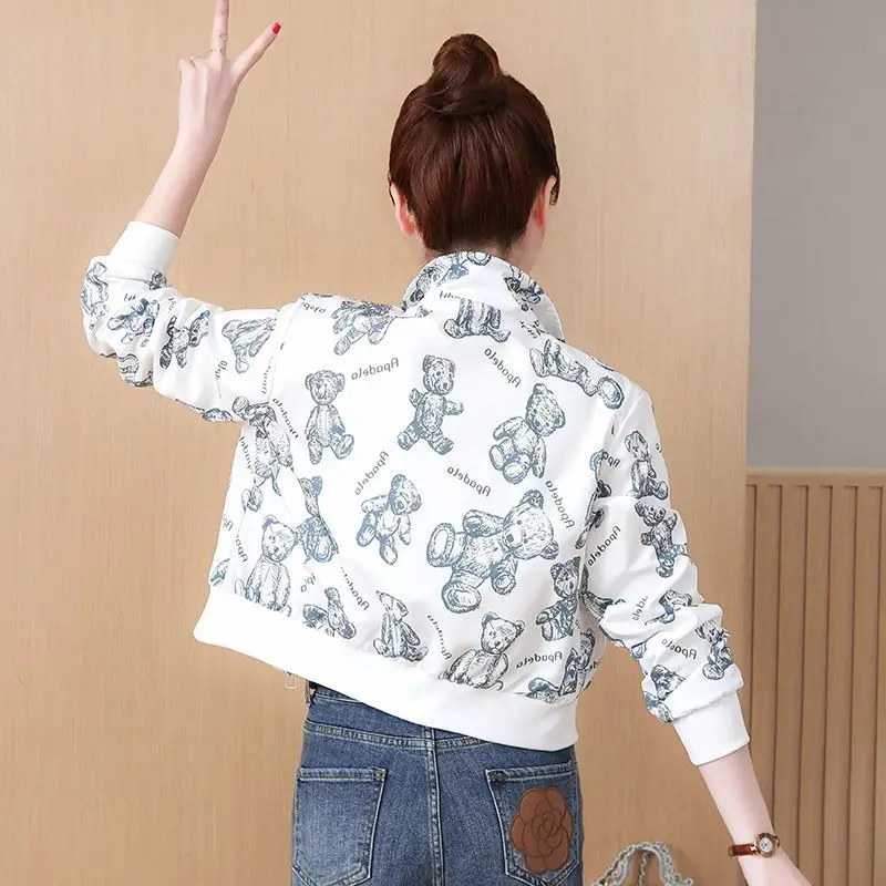 2026 new spring autumn women's wild printed coat baseball uniform loose Female casual small Jacket stand collar simple Overwear