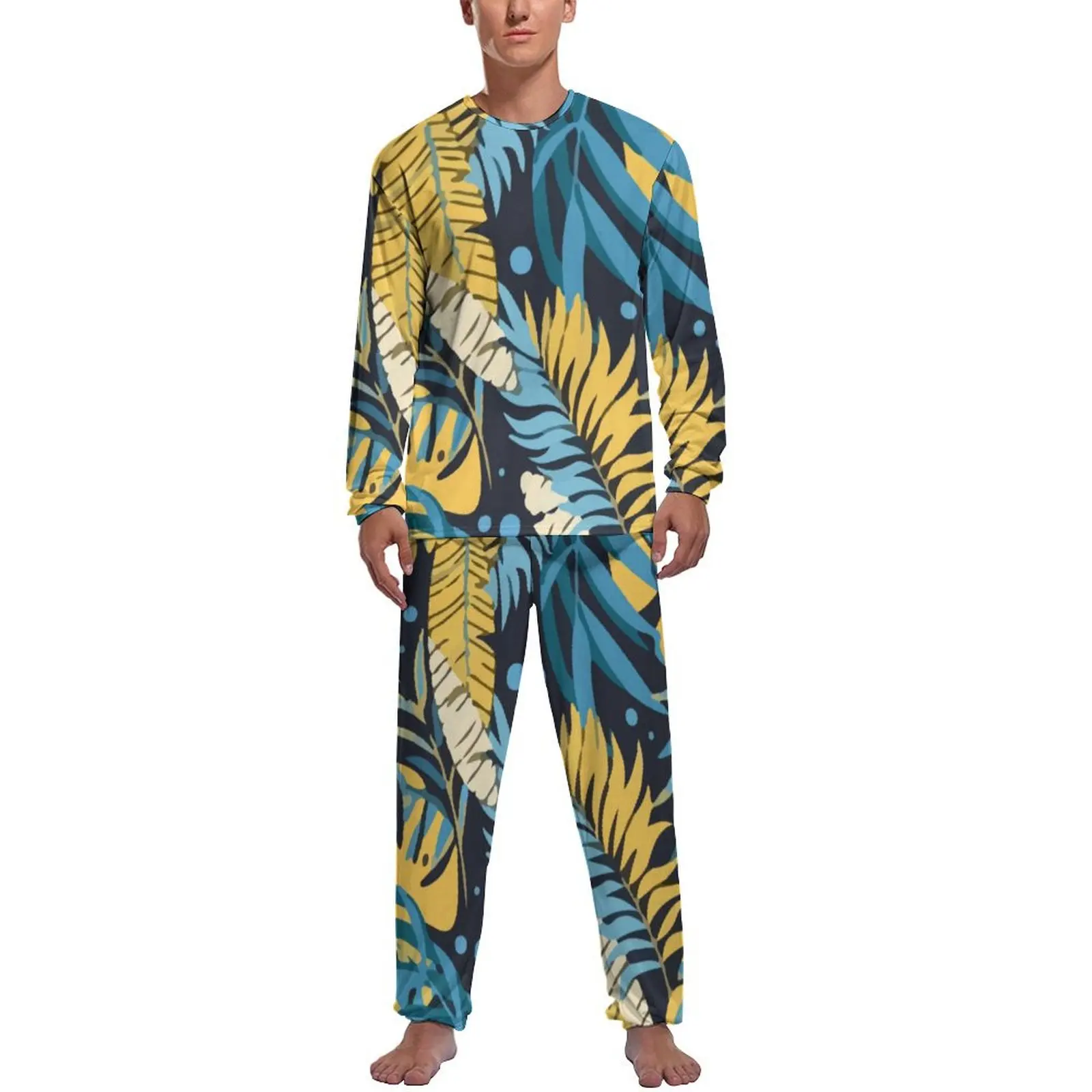 Original Tropical Pajamas Long Sleeves Yellow Palm Leaves 2 Pieces Sleep Pajamas Set Winter Men Design Elegant Home Suit