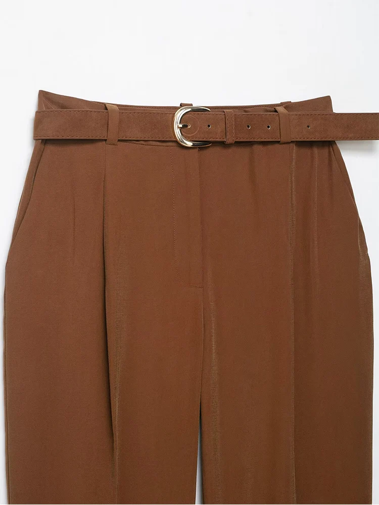 Frauen Hohe Taille Zipper Fly Ankle Hosen Mit Gürtel Büro Tragen Hosen Seite Taschen Weibliche Chic Mode Hosen ﻿