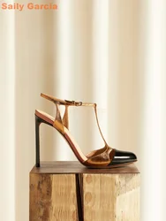 Sandali di colore misto cinturino con fibbia cinturino a T tacco alto sottile scarpe da donna eleganti moda estiva scarpe quotidiane dorate punta rotonda