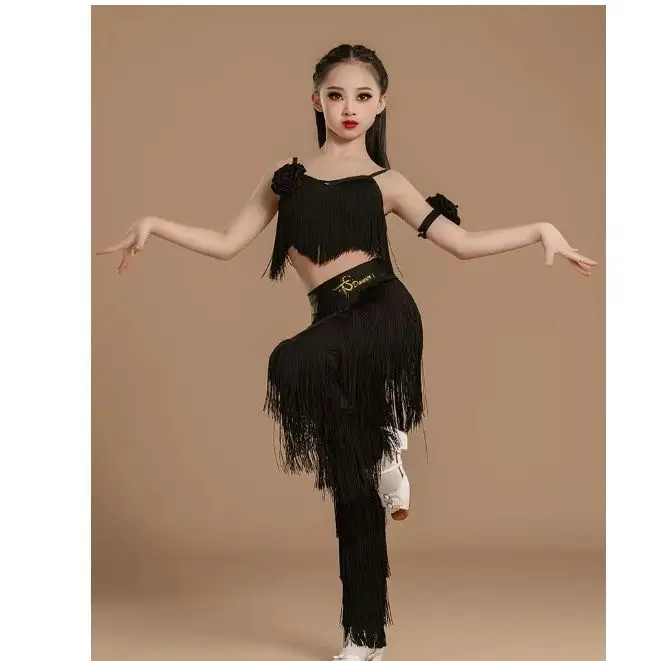 

Детский профессиональный черный тренировочный костюм для латиноамериканских танцев 2026 года: брюки с бахромой, национальный стандарт, популярный комплект для румбы