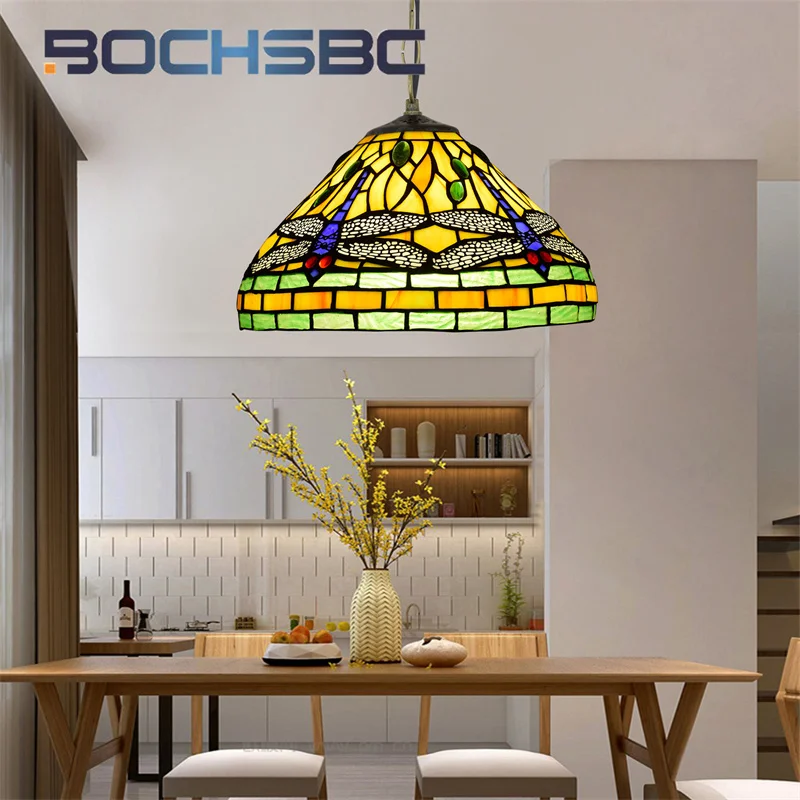 BOCHSBC Tiffany Garden style Dragonfly Chandelier Art Deco Living Room Bedroom Balcony Hotel Restaurant  glass pendant light