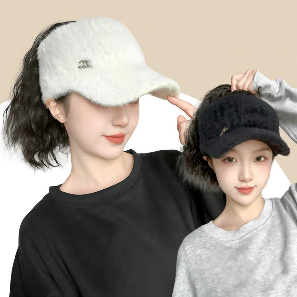 

BeautyEnter Synthetic Wig Women's Thick Velvet Cap With Wig in Autumn and Winter, Featuring a Visor and a Short Curly Ponytail