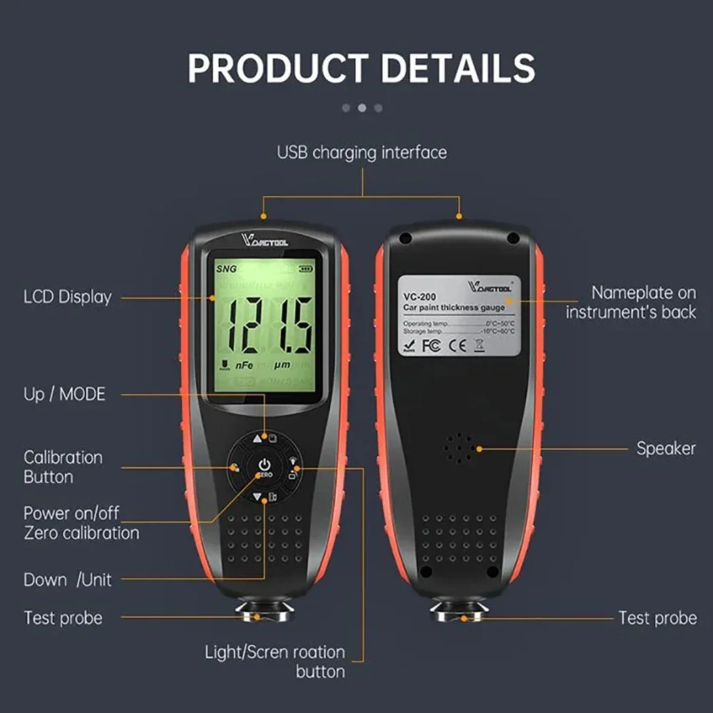 VDIAGTOOL VC200 Car Paint Thickness Tester FE/NFE Coating Thickness Gauge LCD Backlight Paint Tester Self-Calibration USB Charge