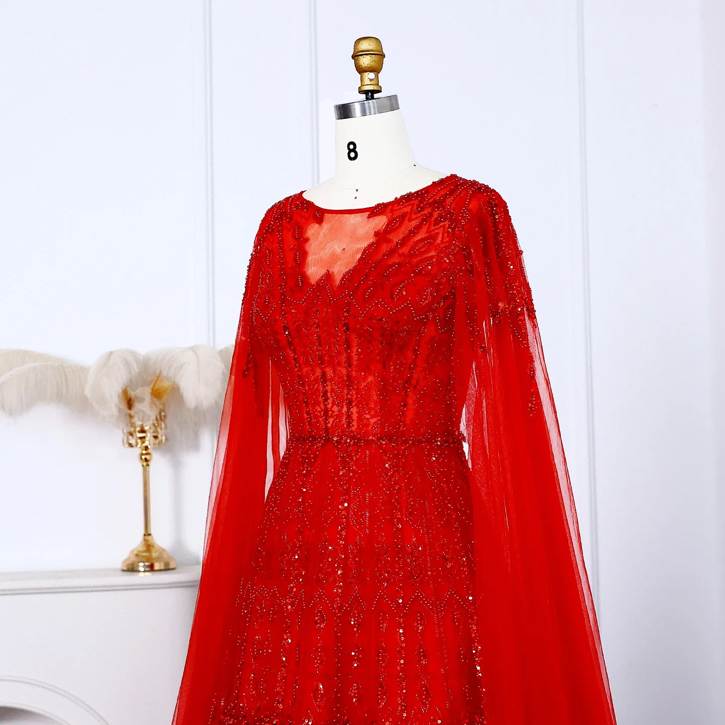 Sharon Said Luxuriöses Dubai Blaues Abendkleid mit Cape-Ärmeln in Übergröße, A-Linie, Arabisches Hochzeits- und Festkleid SS001, Maßanfertigung – Detail 35