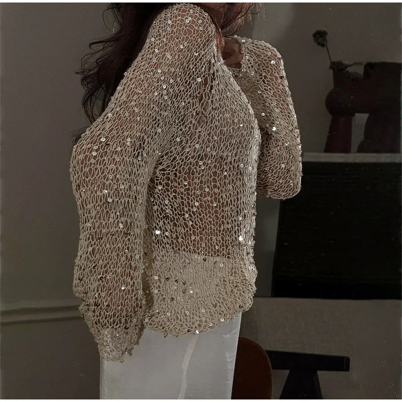 Elegante Pailletten Stricken Frauen Pullover Mode Glitter Rollkragen Volle Hülse Weibliche Pullover Lose Beiläufige Dame High Street Oberbekleidung – Detail 7