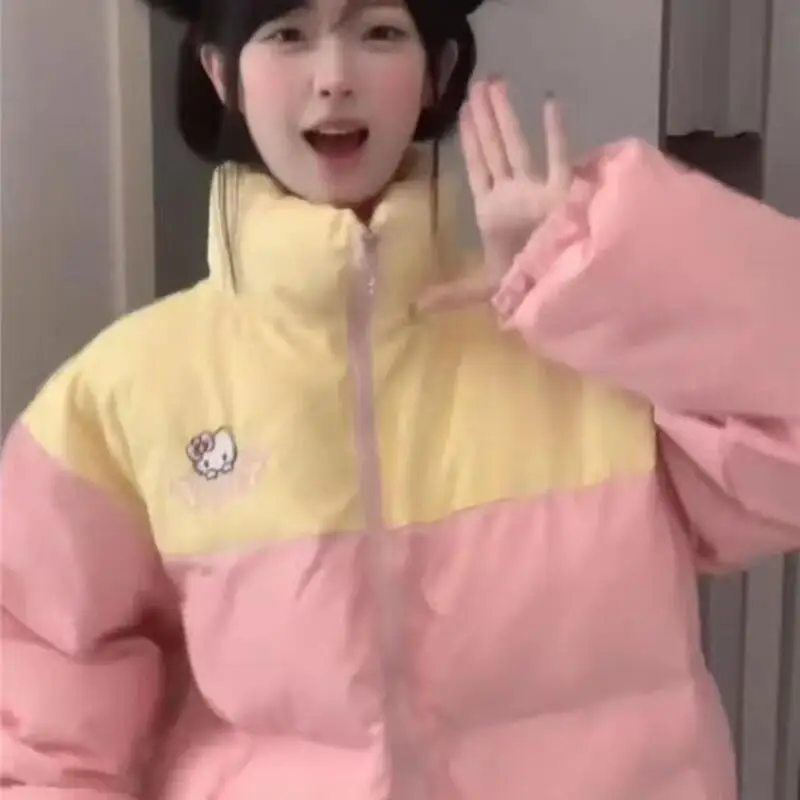 Cappotto in cotone con giunture ricamate Kitty Cat Ragazza Kawaii Cuore Dolce e carino Autunno e inverno Nuova giacca calda allentata creativa