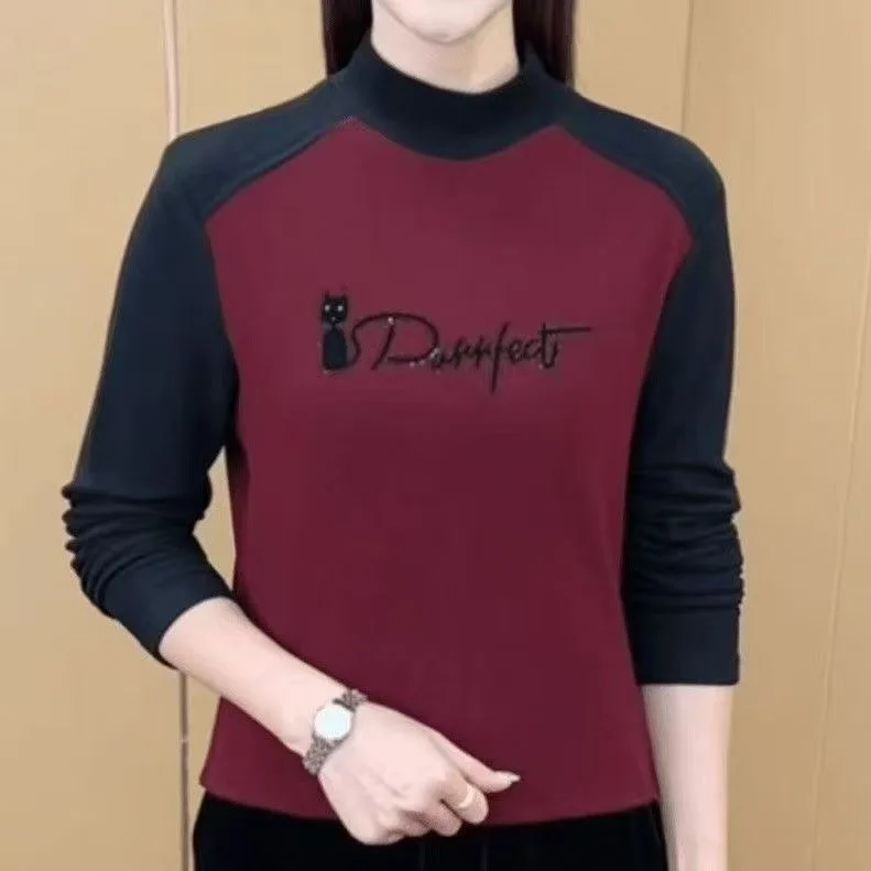 Double-Faced Velvet Long-Sleeve High-Neck Base Layer Top Fashionable Autumn Winter Warm Slimming  Pattern Premium Women's ...
