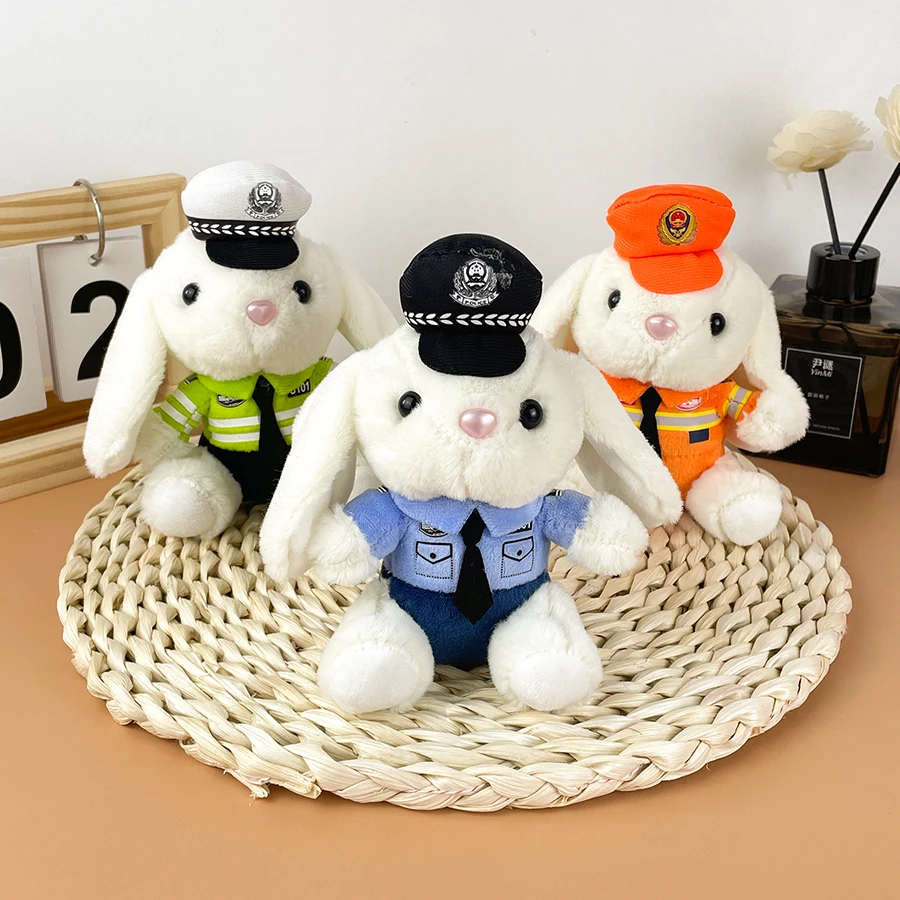 الشرطة الأرنب أفخم قلادة رجال الاطفاء دمية لينة محشوة دمية شرطة المرور المفاتيح لعبة حقيبة مدرسية زوجين هدية المفاتيح