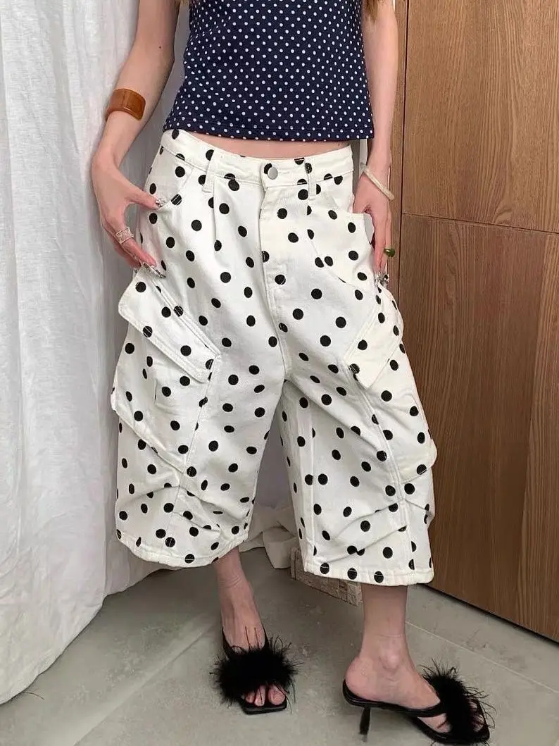 American Retro Washed Polka Dot Full Print Design Cropped Jeans for Women Summer High Street Loose Slimming Wide Leg Mid-pants