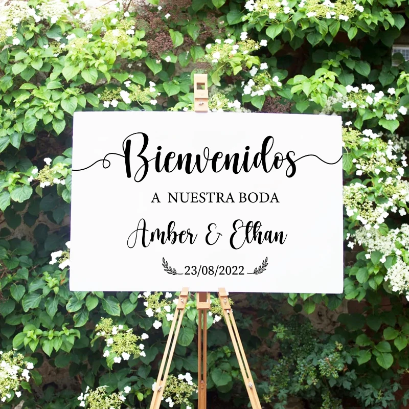 Spanish Wedding Welcome Mirror Board Decals Personalized Groom Bride Name Vinyl Sticker Wedding Party Bienvenidos Sign Decal