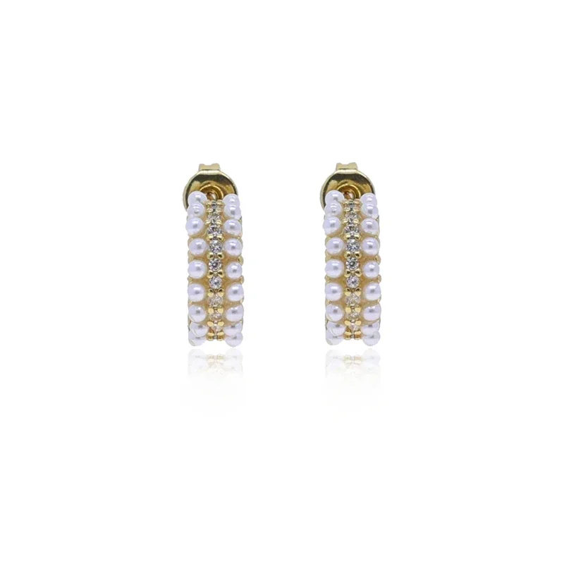 2025 New White Pearls Huggies Earrings Paved Cubic Zirconia for Women Exquisite lovely Gold Color Hoop Earring