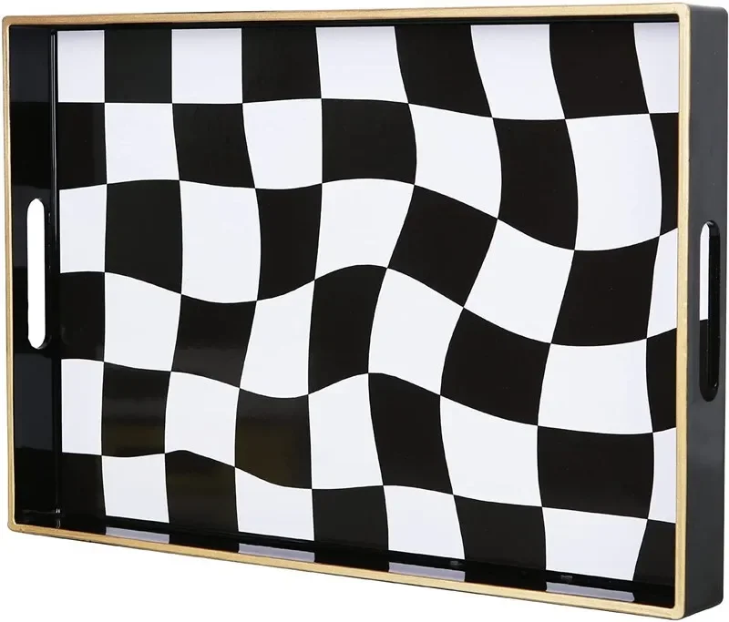 PE Plastic Black and White Checkered Storage Tray, Living Room Coffee Table Decorated Tea Tray, Family Party Rectangular Tray