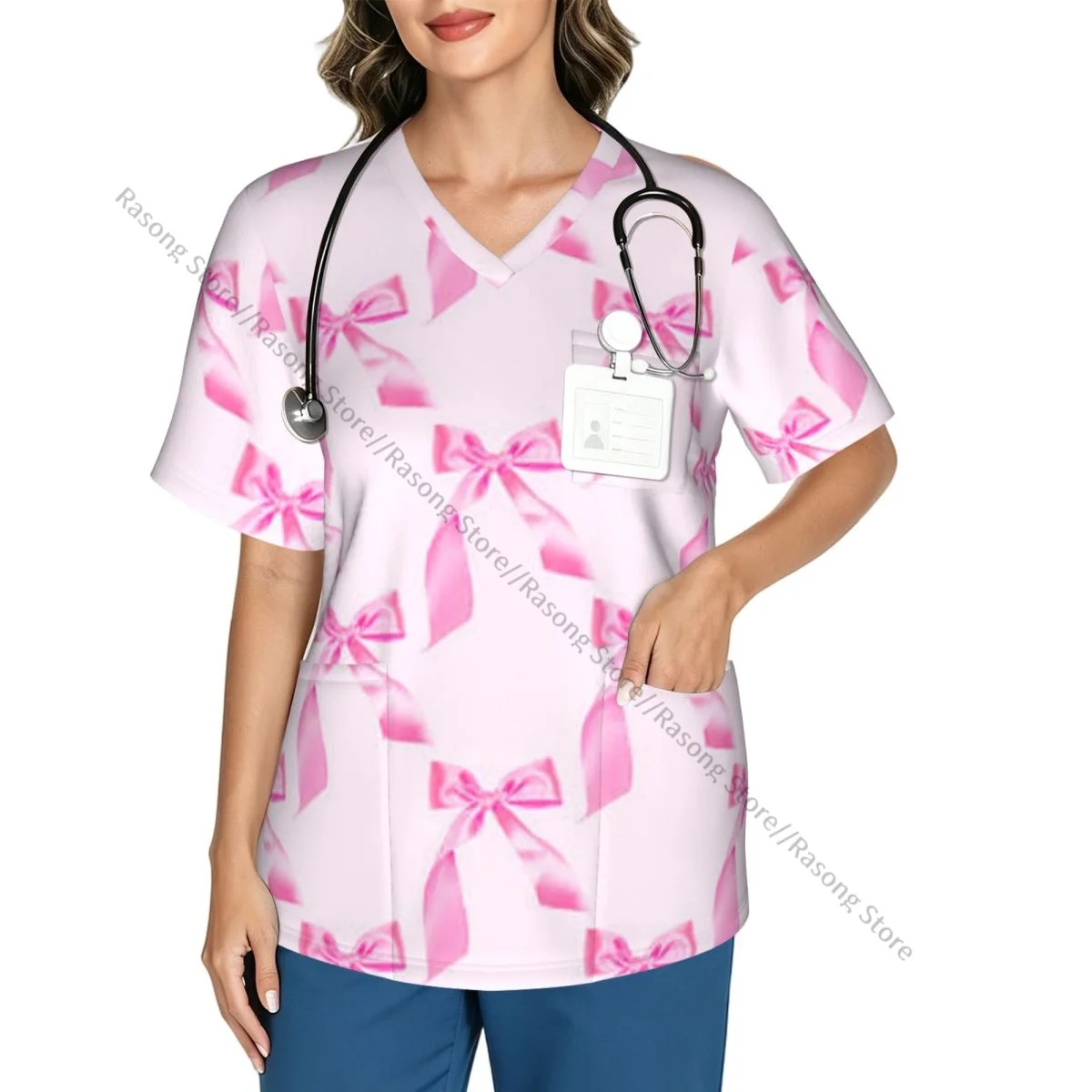 Women's Medical Scrub Top V Neck Short Sleeve Pink Tied Bow Pattern Stretch Nursing Uniform for Hospital Clinic